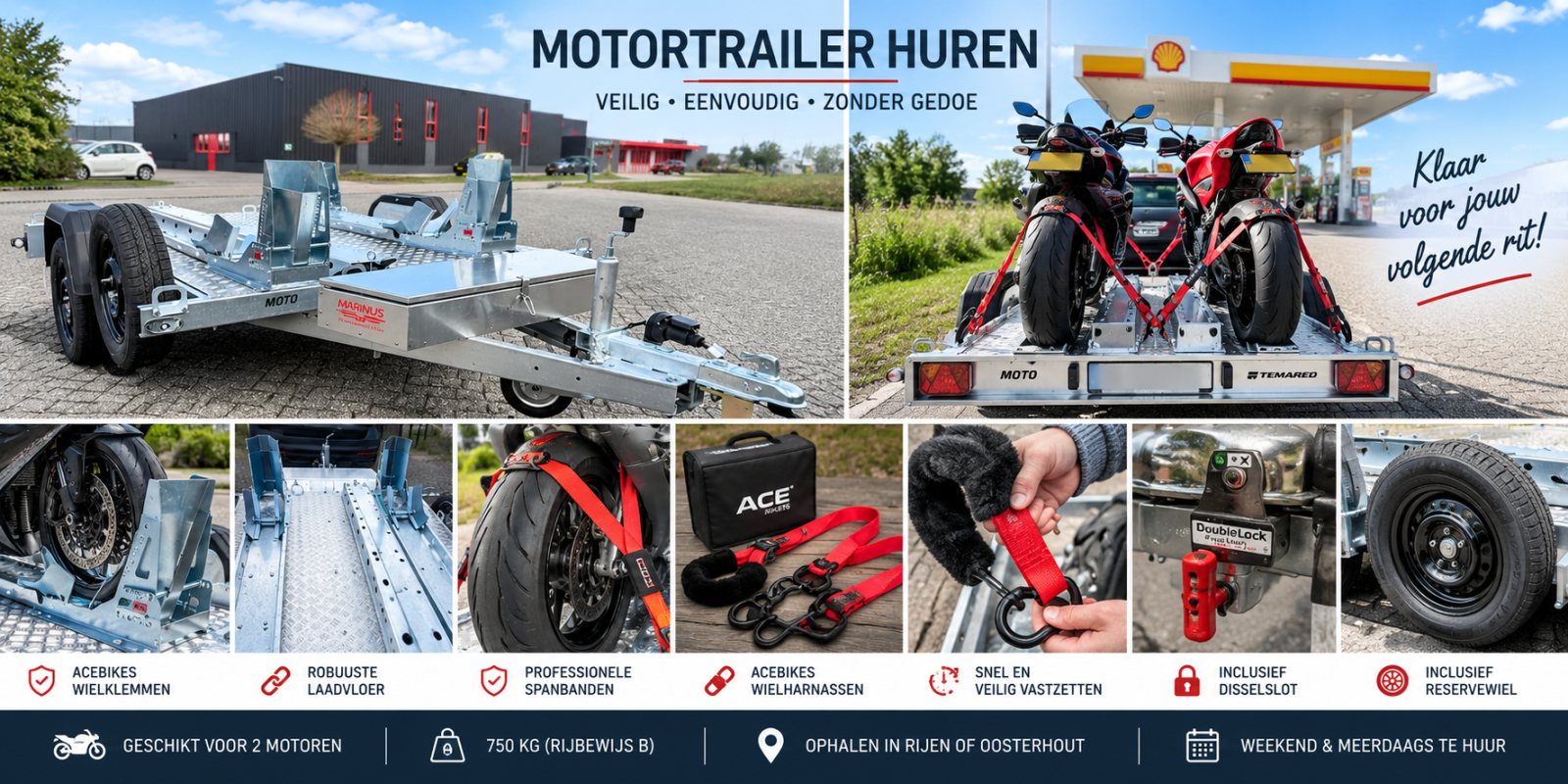 Motortrailer van Rijschool Rijen met twee motoren erop, met close-ups van de wielklemmen, spanbanden, oprijplaat, neuswiel, disselslot en reservewiel